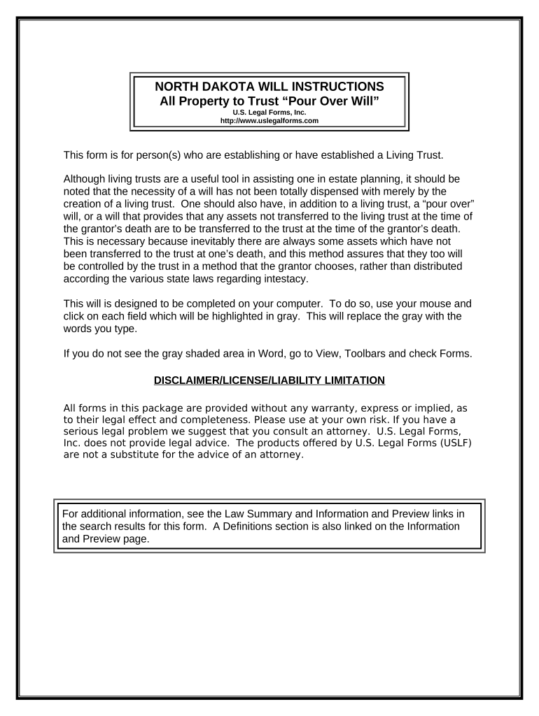 Legal Last Will and Testament Form with All Property to Trust called a Pour Over Will - North Dakota Preview on Page 1