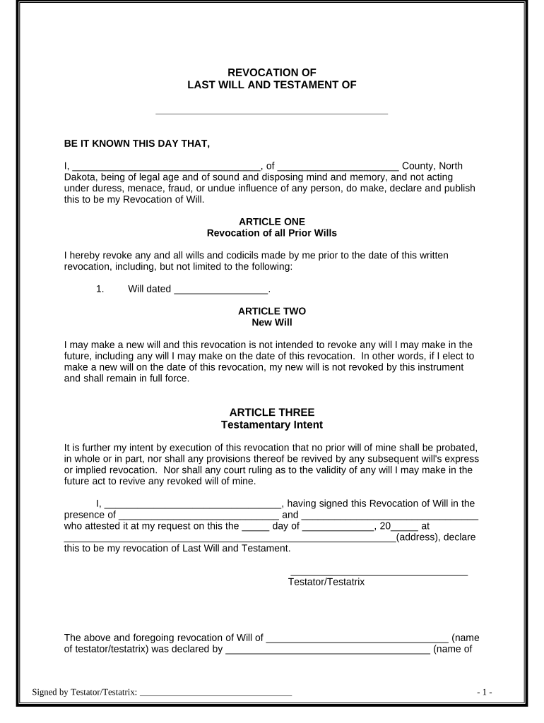 Written Revocation of Will - North Dakota Preview on Page 1