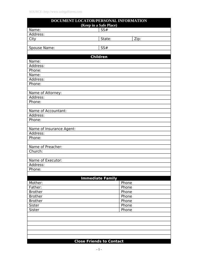 Document Locator and Personal Information Package including burial information form - North Dakota Preview on Page 1