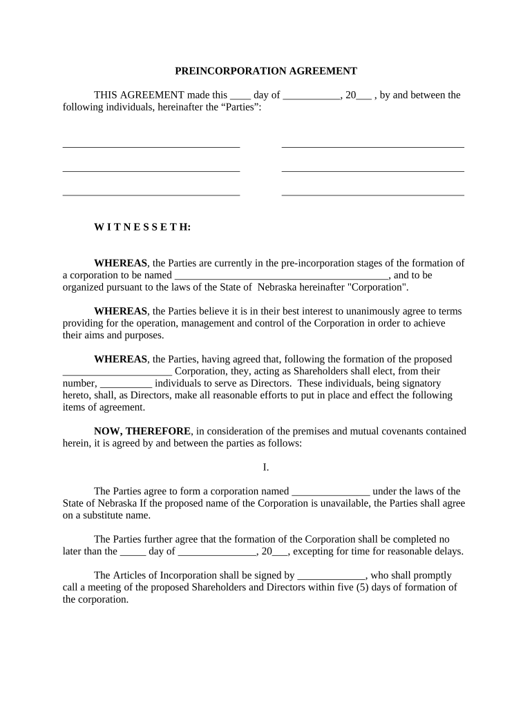 Nebraska Pre-Incorporation Agreement, Shareholders Agreement and Confidentiality Agreement - Nebraska Preview on Page 1
