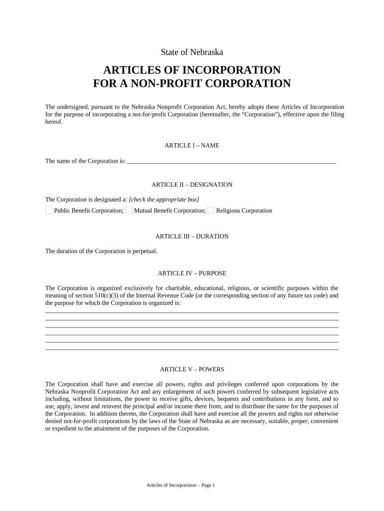 nebraska incorporation document Preview on Page 1