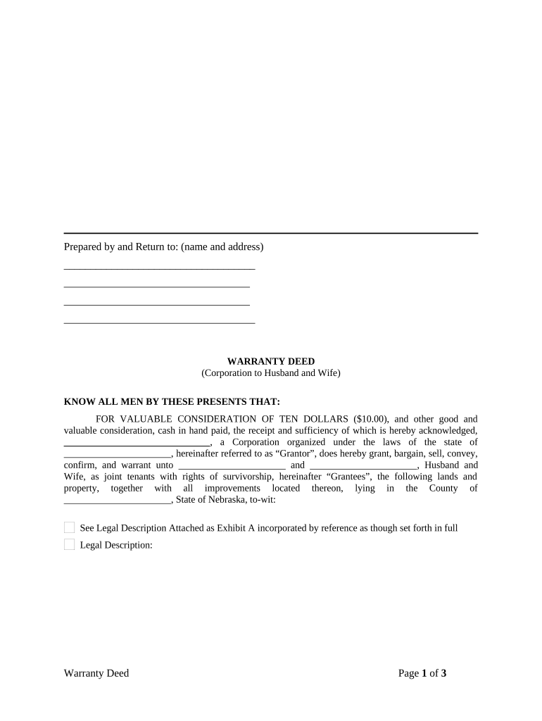 Warranty Deed from Corporation to Husband and Wife - Nebraska Preview on Page 1