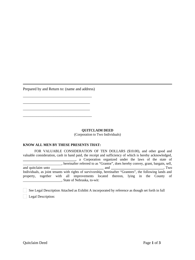 Quitclaim Deed from Corporation to Two Individuals - Nebraska Preview on Page 1