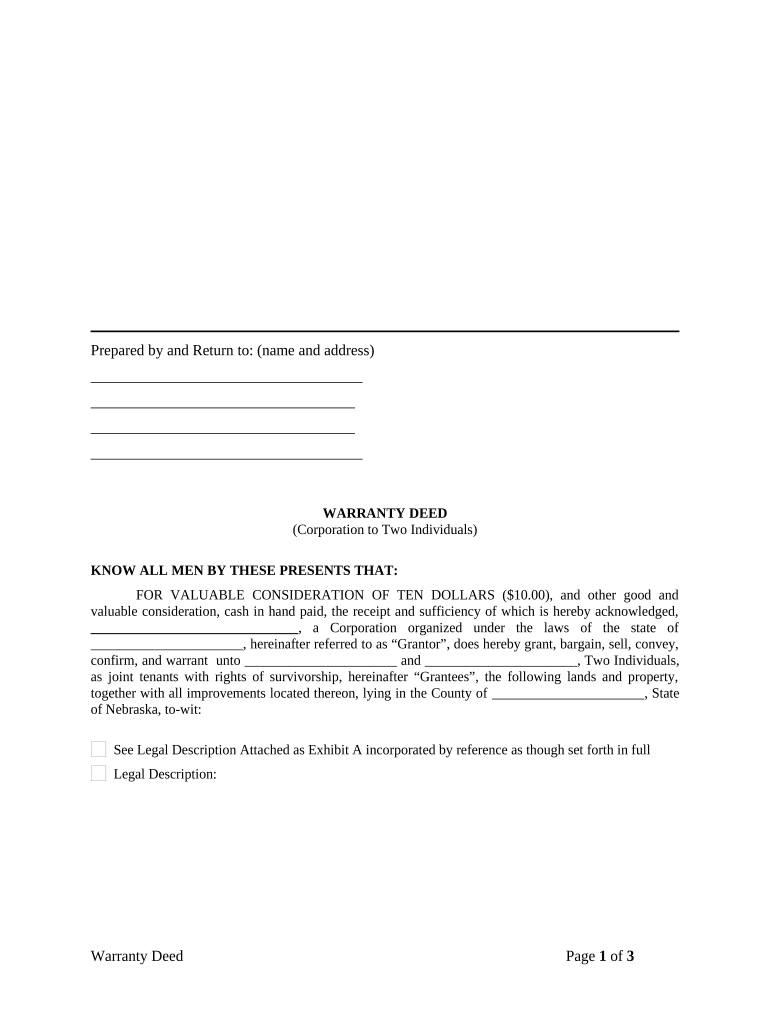 Warranty Deed from Corporation to Two Individuals - Nebraska Preview on Page 1