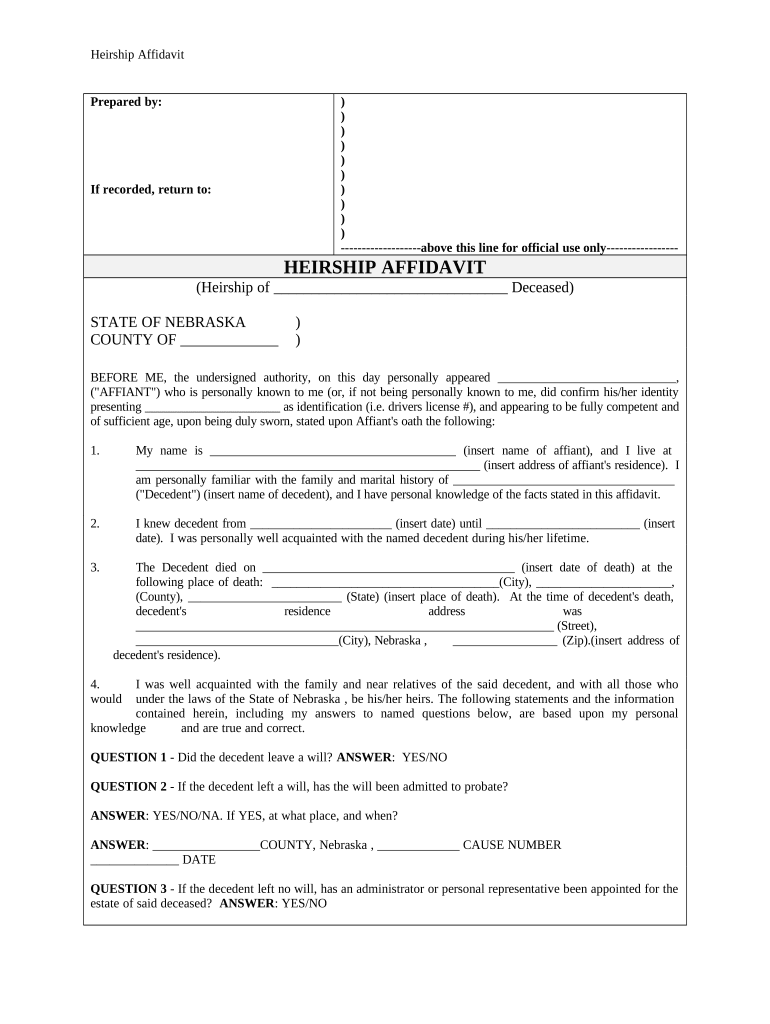 Heirship Affidavit - Descent - Nebraska Preview on Page 1.