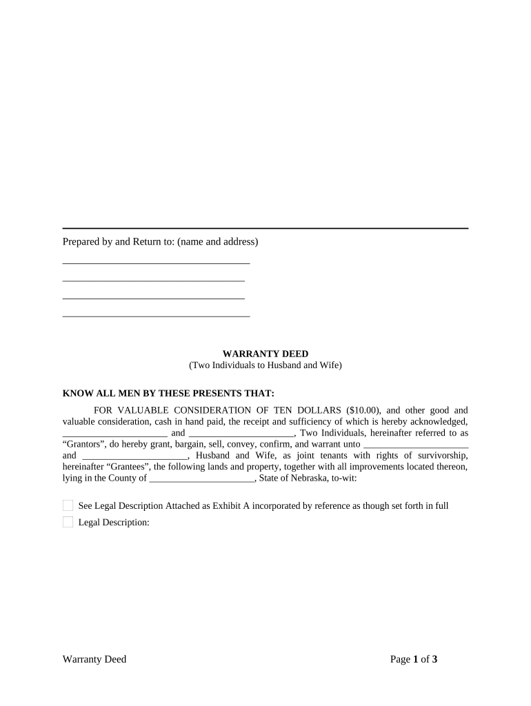 Warranty Deed from two Individuals to Husband and Wife - Nebraska Preview on Page 1.