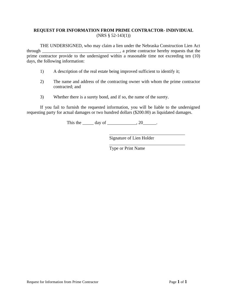 Request for Information from Prime Contractor - Individual - Nebraska Preview on Page 1.