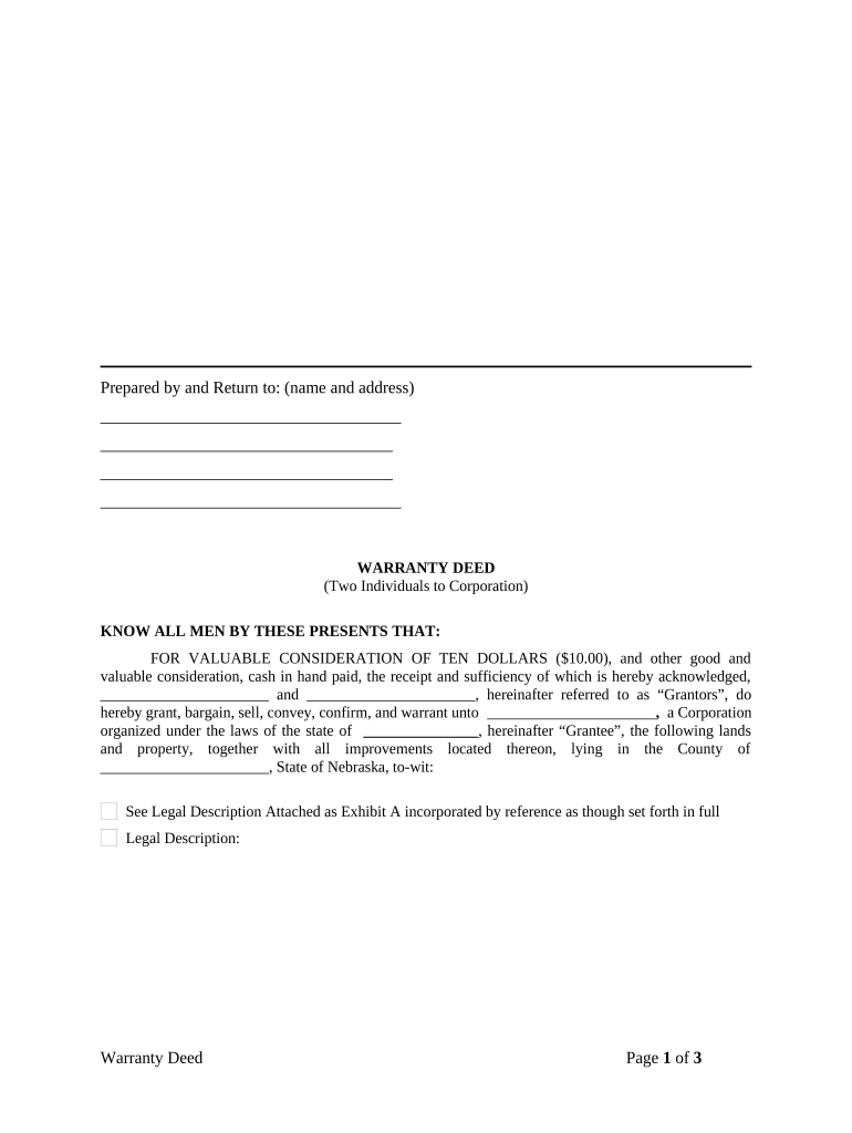 Warranty Deed from two Individuals to Corporation - Nebraska Preview on Page 1.