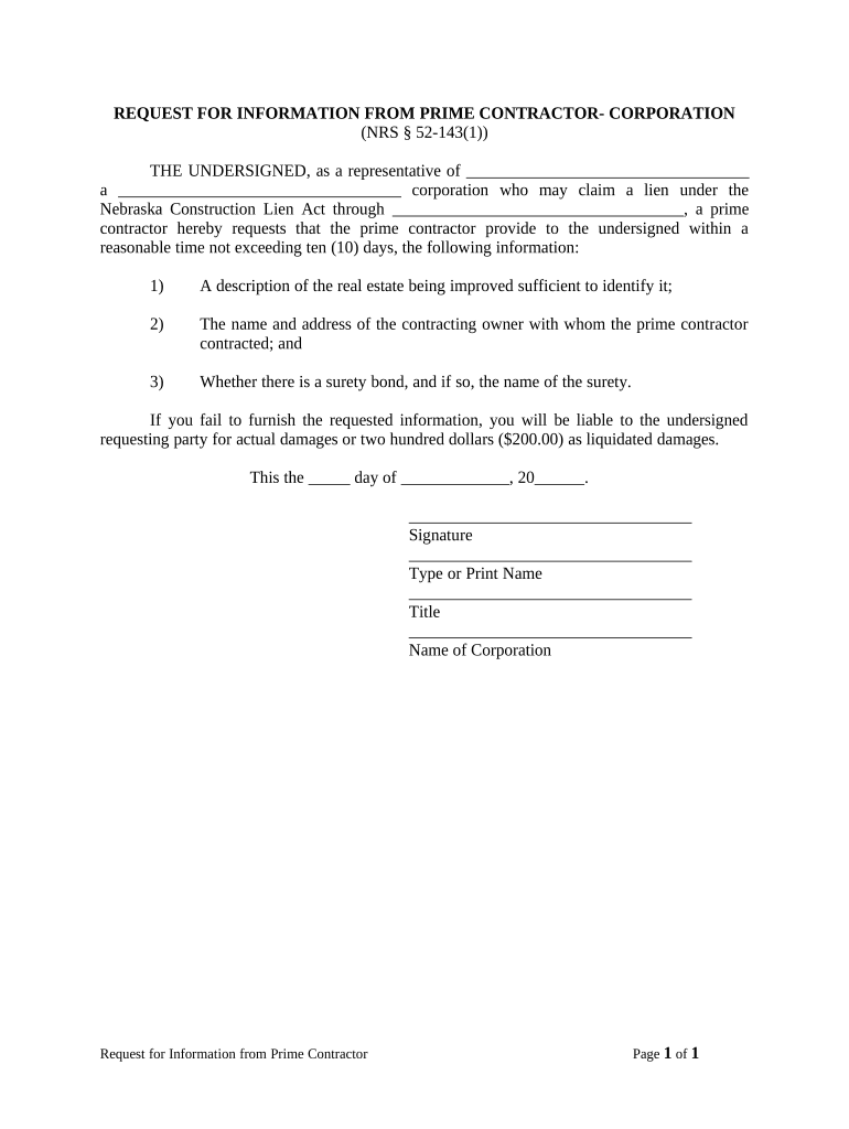 Request for Information from Prime Contractor - Corporation or LLC - Nebraska Preview on Page 1