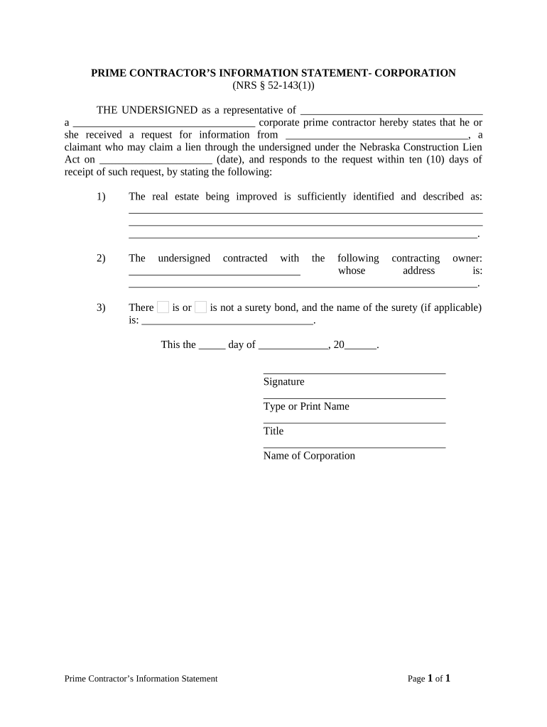 Prime Contractor&#039;s Information Statement - Corporation or LLC - Nebraska Preview on Page 1