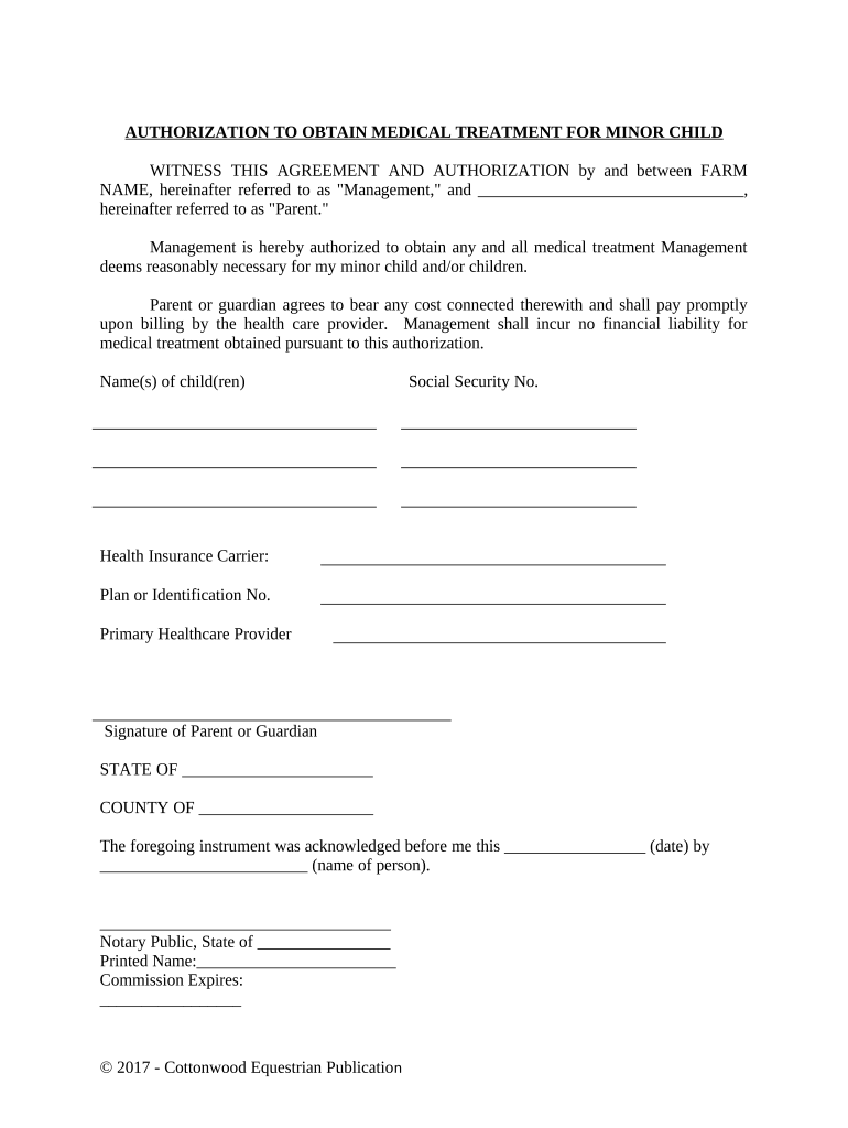 Authorization To Obtain Medical Treatment For Minor Child - Horse Equine  Forms - Nebraska: Fill out & sign online | DocHub