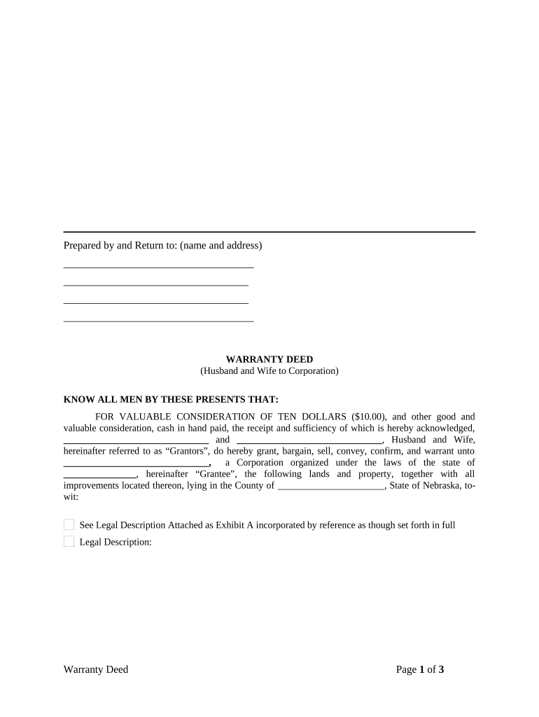 Warranty Deed from Husband and Wife to Corporation - Nebraska Preview on Page 1