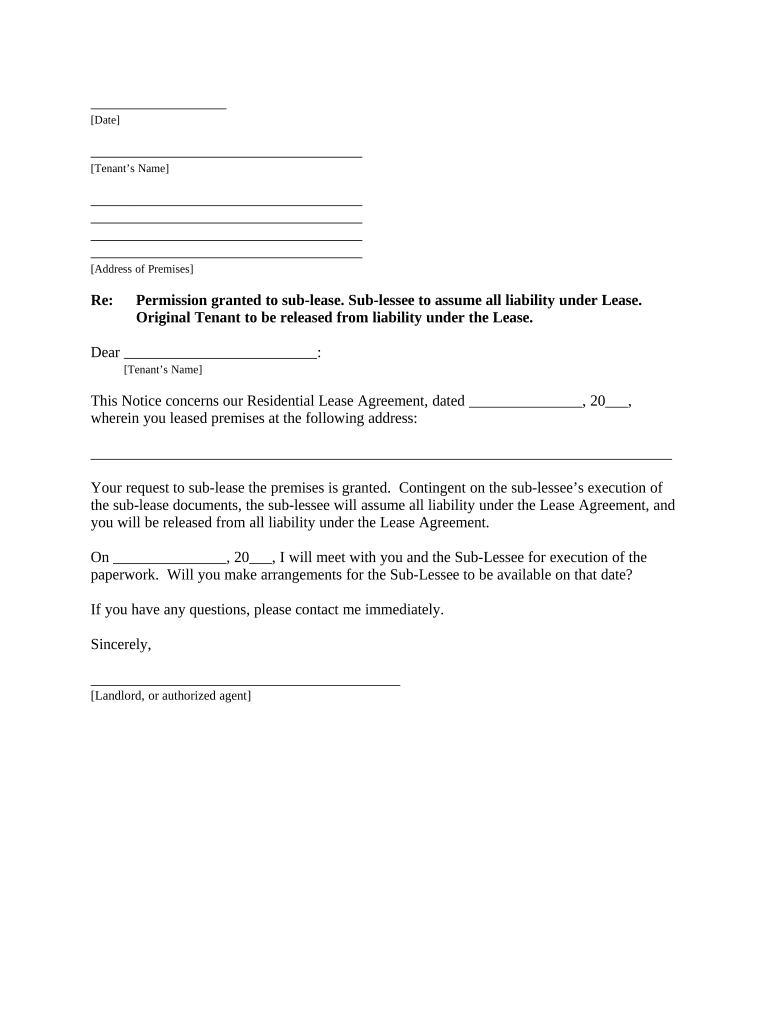 Letter from Landlord to Tenant that Sublease granted - Rent Paid by Subtenant, Old Tenant Released from Liability for Rent - Nebraska Preview on Page 1.