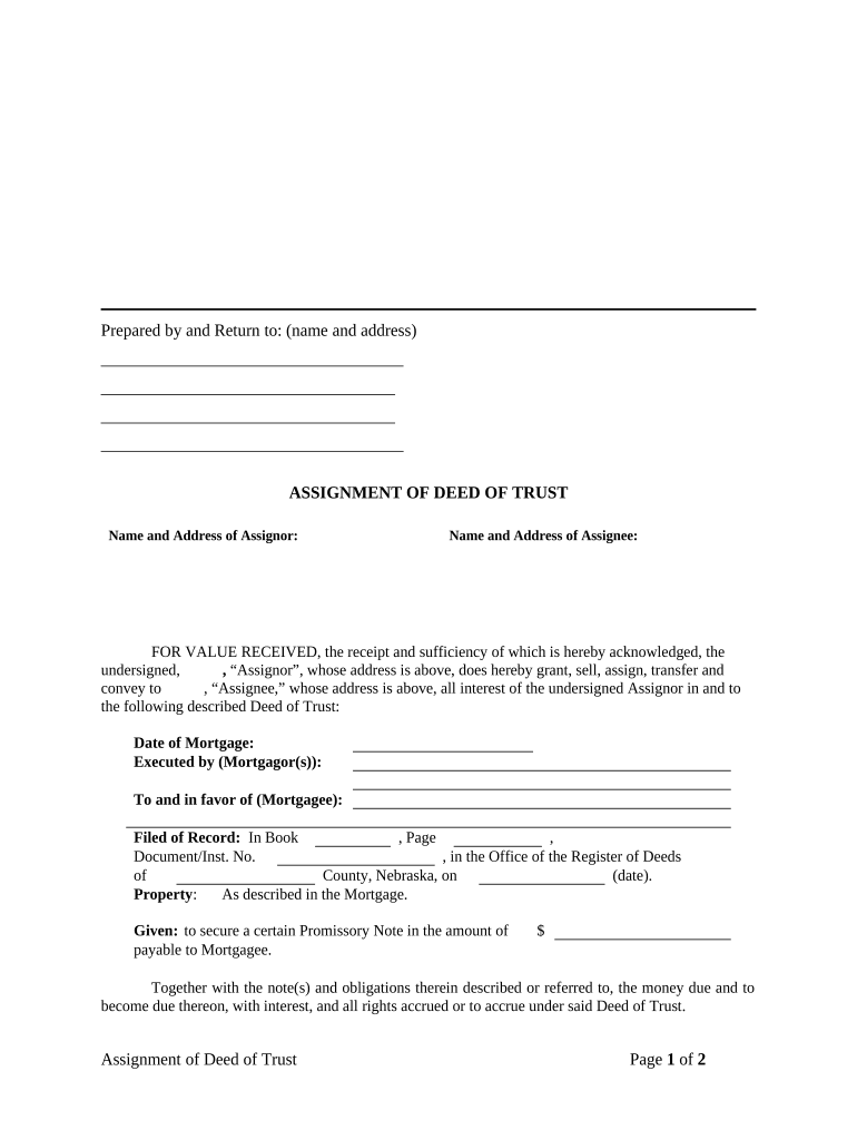 Assignment of Deed of Trust by Individual Mortgage Holder - Nebraska Preview on Page 1
