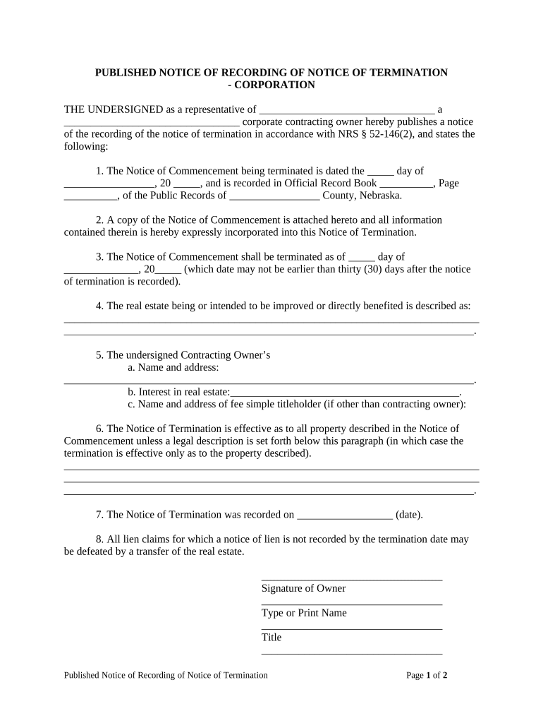 Published Notice of Recording of Notice of Termination - Corporation - Nebraska Preview on Page 1.