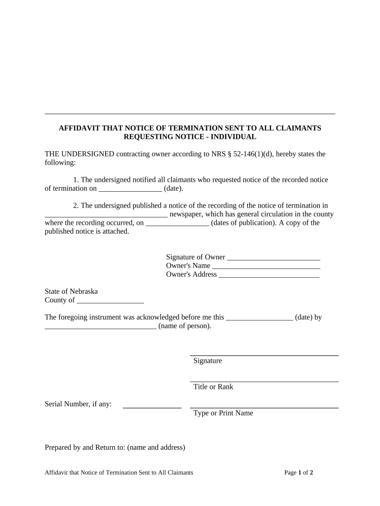 Affidavit That Notice of Termination Sent to All Claimants Requesting Notice - Individual - Nebraska Preview on Page 1.