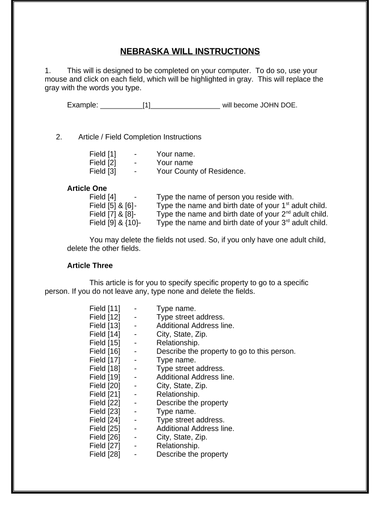 Mutual Wills Package of Last Wills and Testaments for Unmarried Persons living together with Adult Children - Nebraska Preview on Page 1