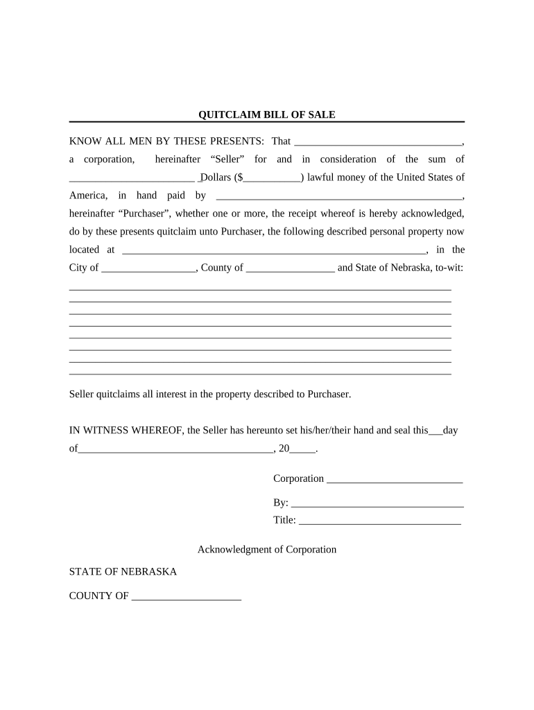 Bill of Sale without Warranty by Corporate Seller - Nebraska Preview on Page 1