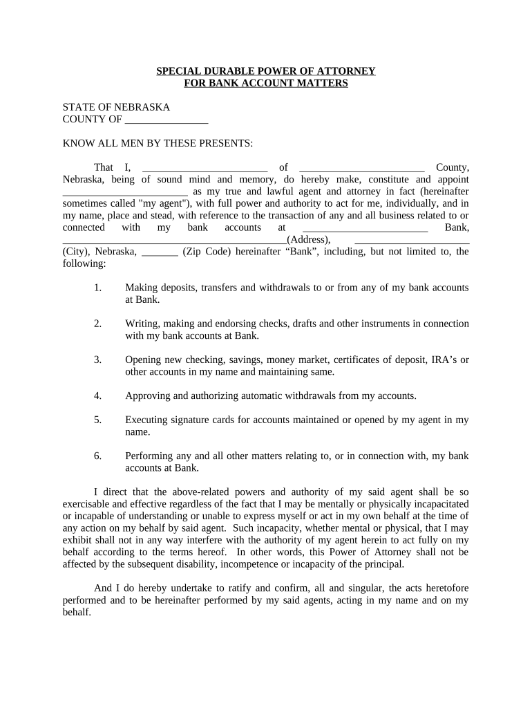 Special Durable Power of Attorney for Bank Account Matters - Nebraska Preview on Page 1