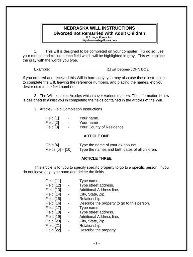 Legal Last Will and Testament Form for Divorced person not Remarried with Adult Children - Nebraska Preview on Page 1