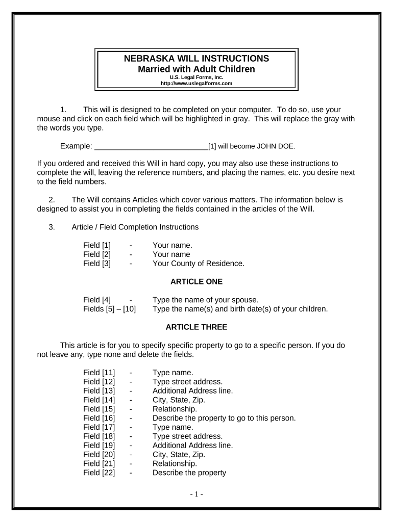 Legal Last Will and Testament Form for Married person with Adult Children - Nebraska Preview on Page 1.