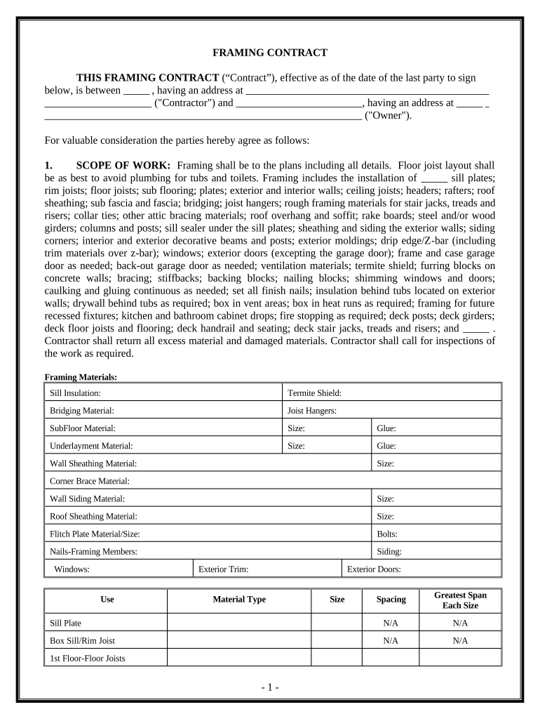 Framing Contract for Contractor - New Hampshire Preview on Page 1