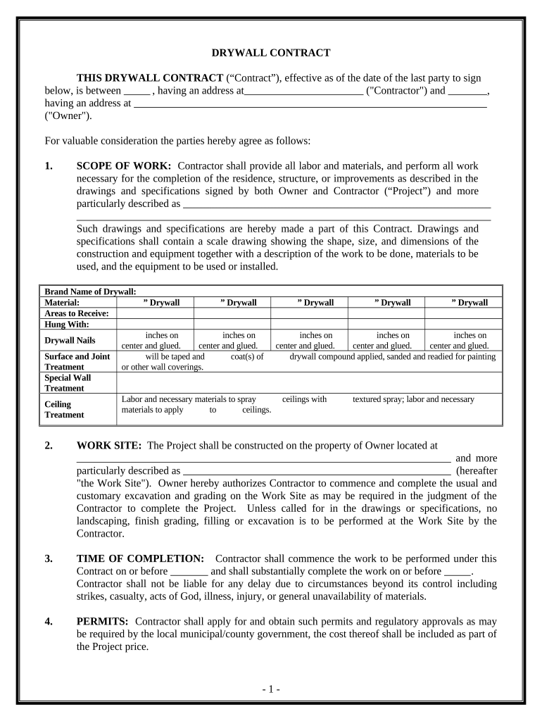 Sheetrock Drywall Contract for Contractor - New Hampshire Preview on Page 1.