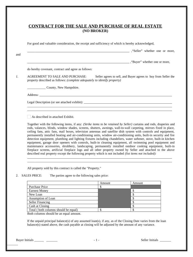 Contract for Sale and Purchase of Real Estate with No Broker for Residential Home Sale Agreement - New Hampshire Preview on Page 1