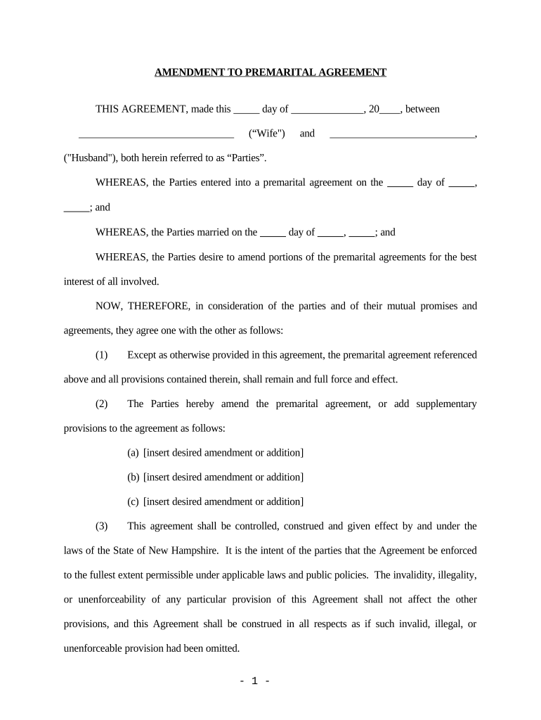 Amendment to Prenuptial or Premarital Agreement - New Hampshire Preview on Page 1