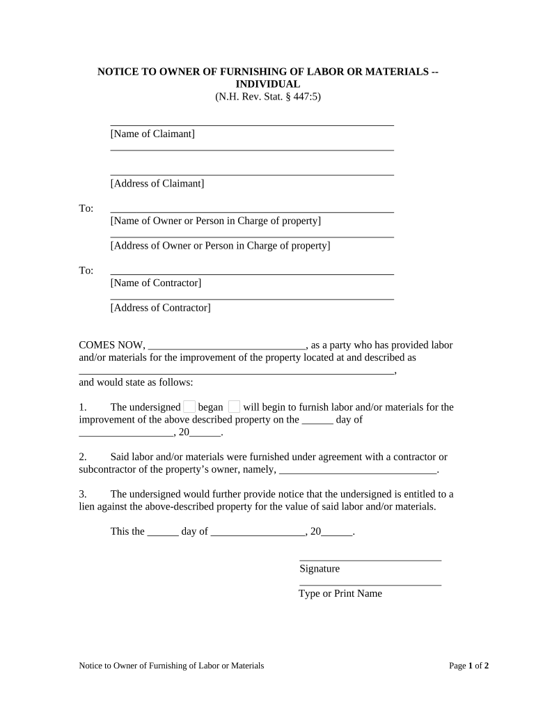 Notice to Owner of Furnishing of Labor or Materials - Individual - New Hampshire Preview on Page 1.