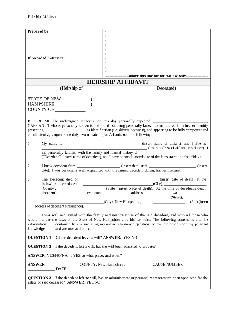 Heirship Affidavit - Descent - New Hampshire Preview on Page 1
