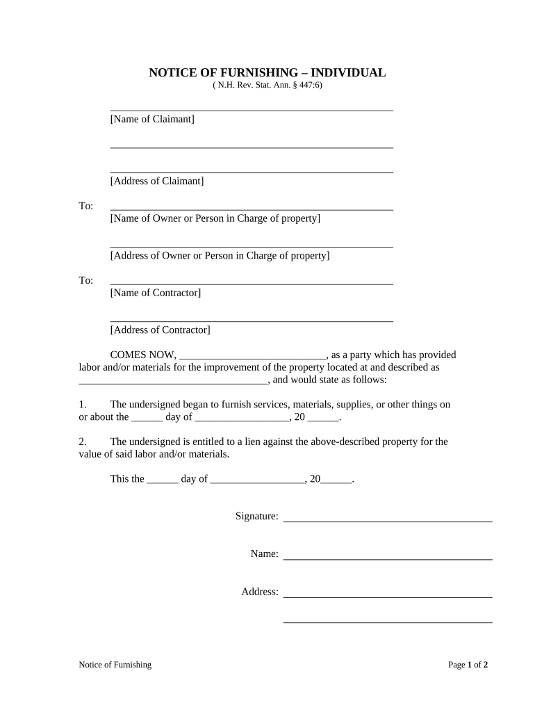Notice of Furnishing - Individual - New Hampshire Preview on Page 1