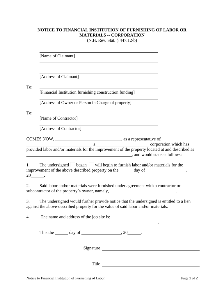 Notice to Financial Institution of Furnishing of Labor or Materials - Corporation or LLC - New Hampshire Preview on Page 1