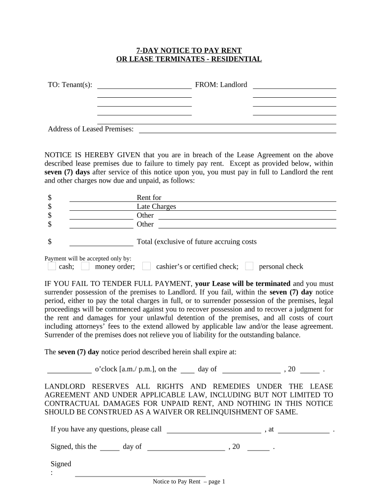 7 Day Notice to Pay Rent or Lease Terminates - Residential - New Hampshire Preview on Page 1