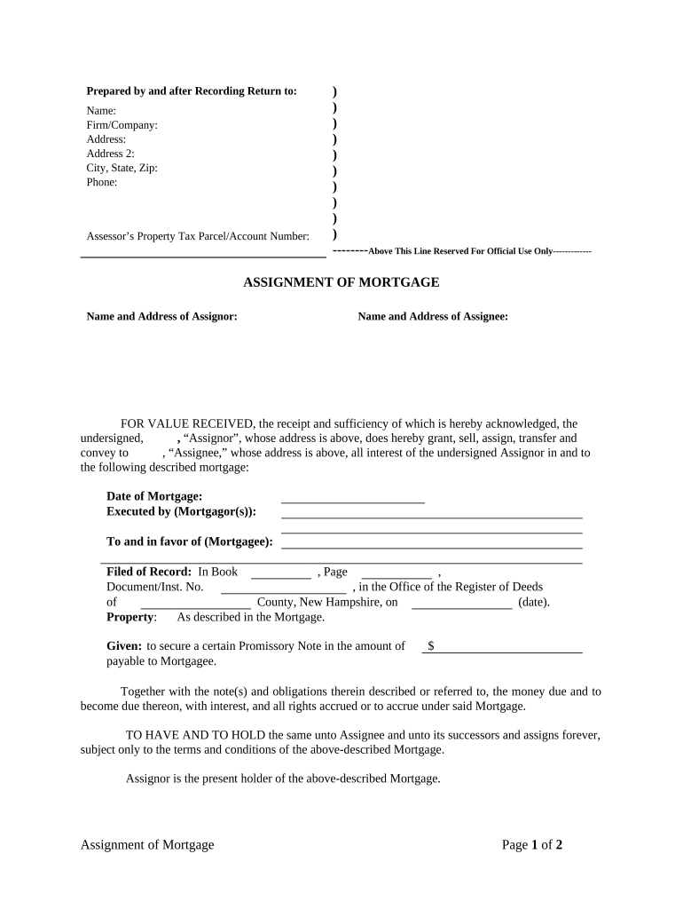 Assignment of Mortgage by Individual Mortgage Holder - New Hampshire Preview on Page 1