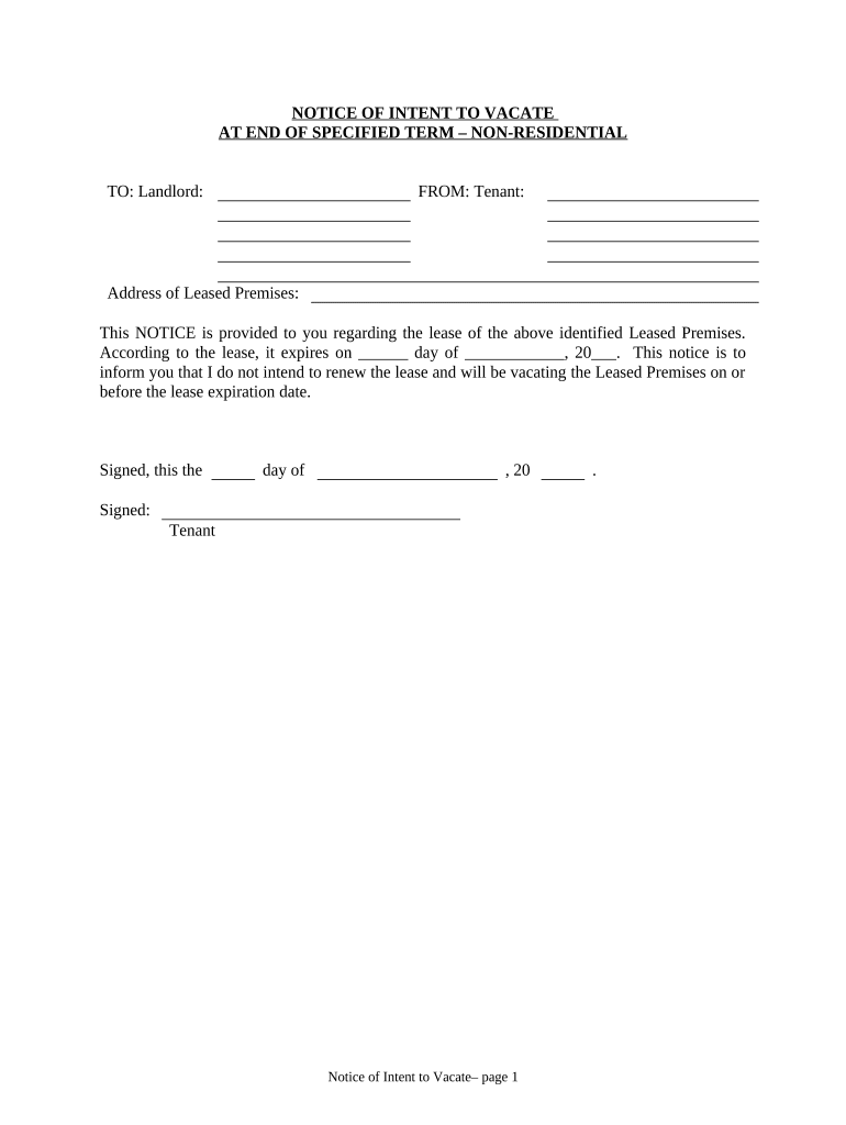 Notice of Intent to Vacate at End of Specified Lease Term from Tenant to Landlord - Nonresidential - New Hampshire Preview on Page 1