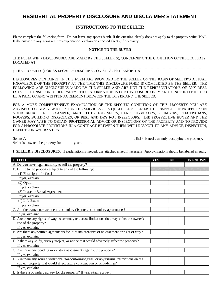 Residential Real Estate Sales Disclosure Statement - New Hampshire Preview on Page 1.