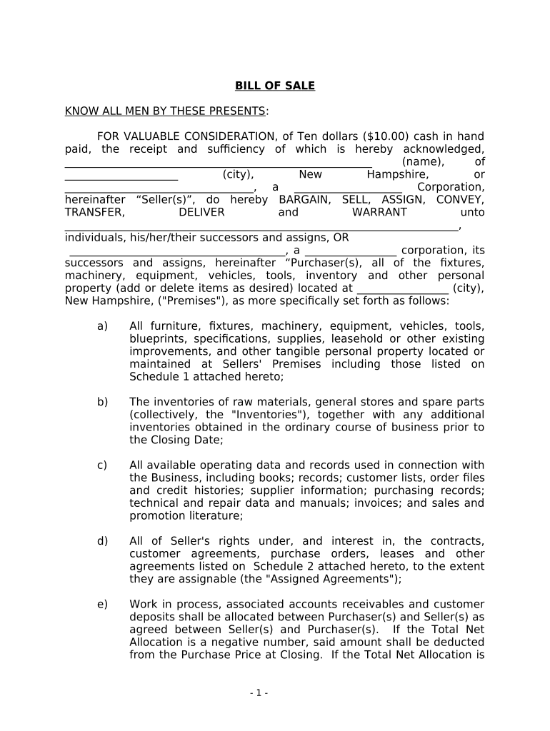 Bill of Sale in Connection with Sale of Business by Individual or Corporate Seller - New Hampshire Preview on Page 1