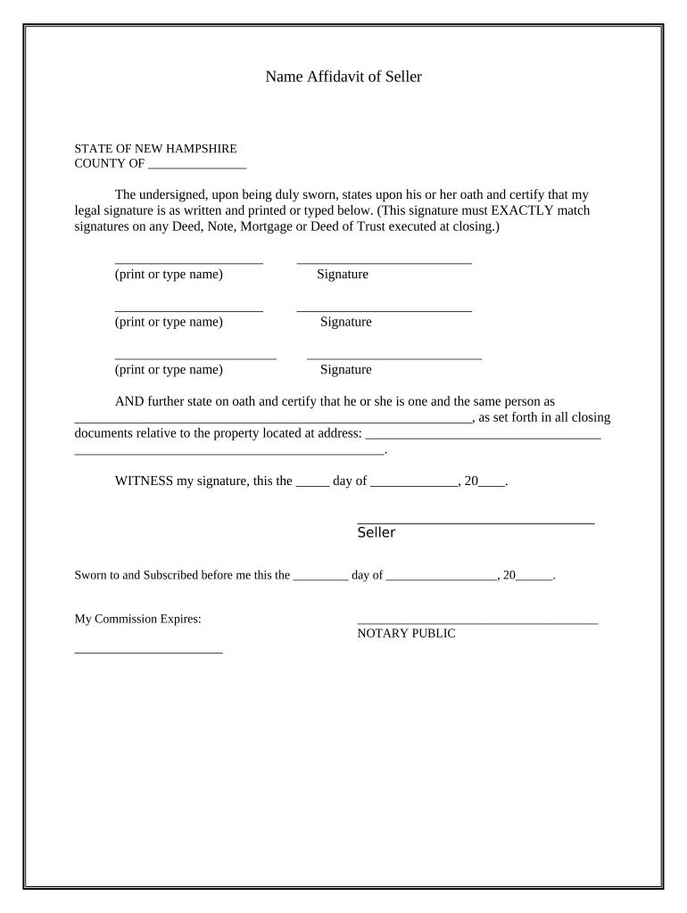 Name Affidavit of Seller - New Hampshire Preview on Page 1