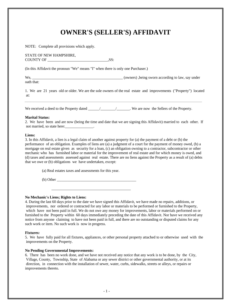 Owner&#039;s or Seller&#039;s Affidavit of No Liens - New Hampshire Preview on Page 1.