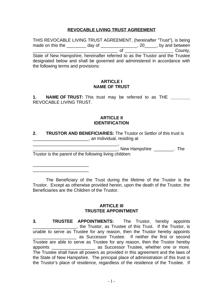 Living Trust for Individual, Who is Single, Divorced or Widow (or Widower) with Children - New Hampshire Preview on Page 1.