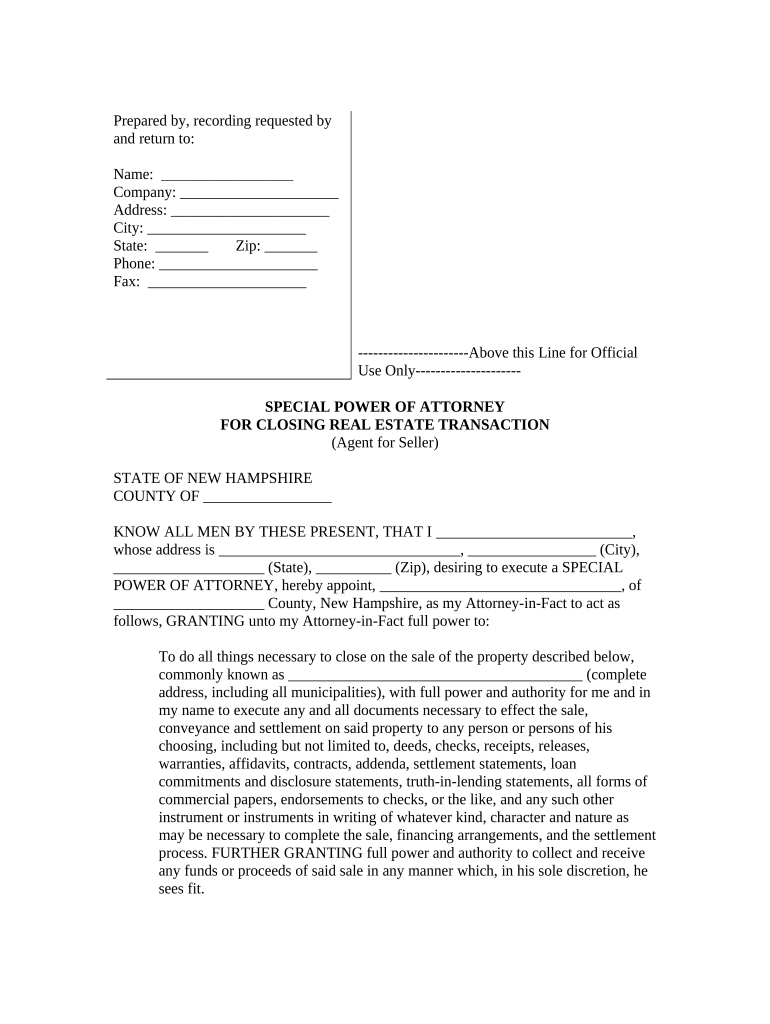 Special or Limited Power of Attorney for Real Estate Sales Transaction By Seller - New Hampshire Preview on Page 1