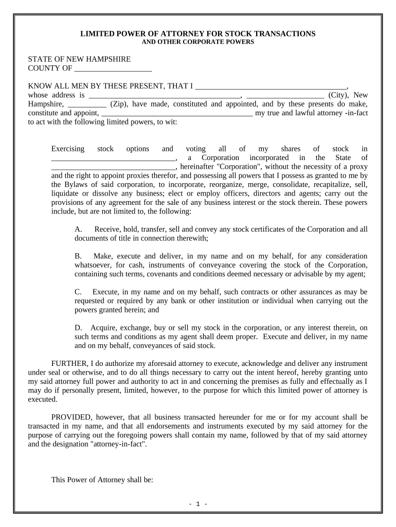 Limited Power of Attorney for Stock Transactions and Corporate Powers - New Hampshire Preview on Page 1