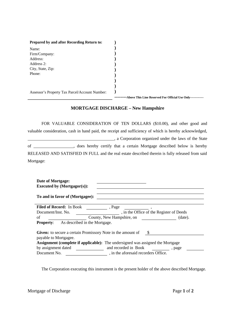 Satisfaction, Release or Cancellation of Mortgage by Corporation - New Hampshire Preview on Page 1.