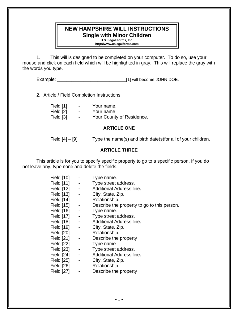 Legal Last Will and Testament Form for a Single Person with Minor Children - New Hampshire Preview on Page 1