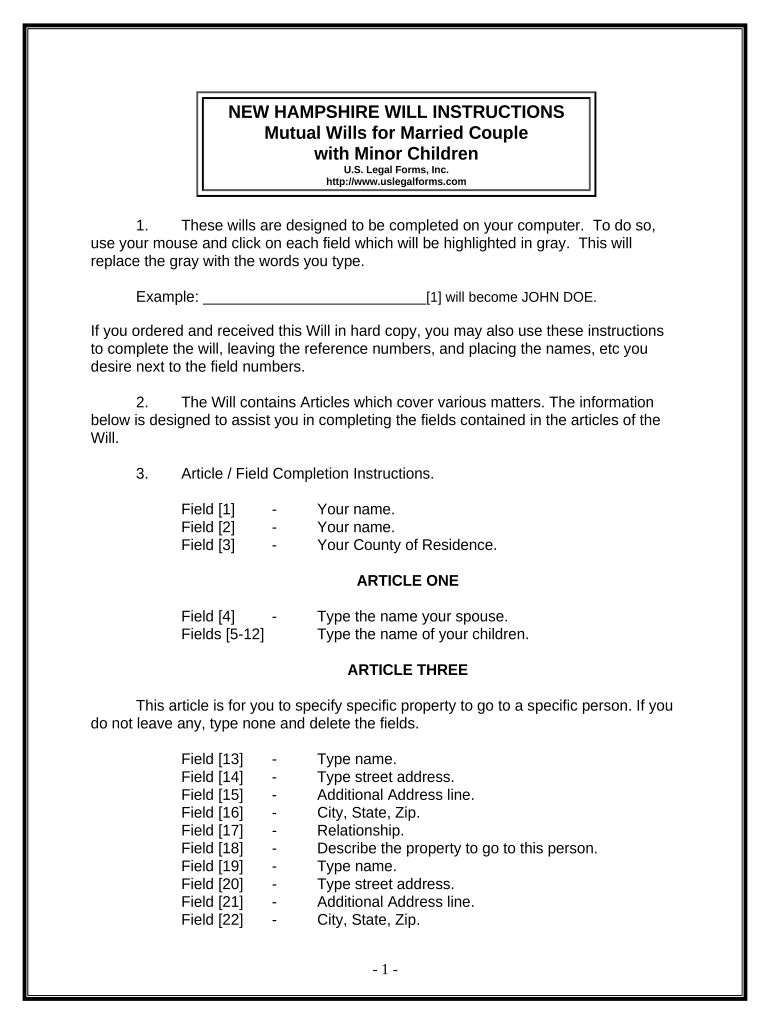 Mutual Wills Package with Last Wills and Testaments for Married Couple with Minor Children - New Hampshire Preview on Page 1.