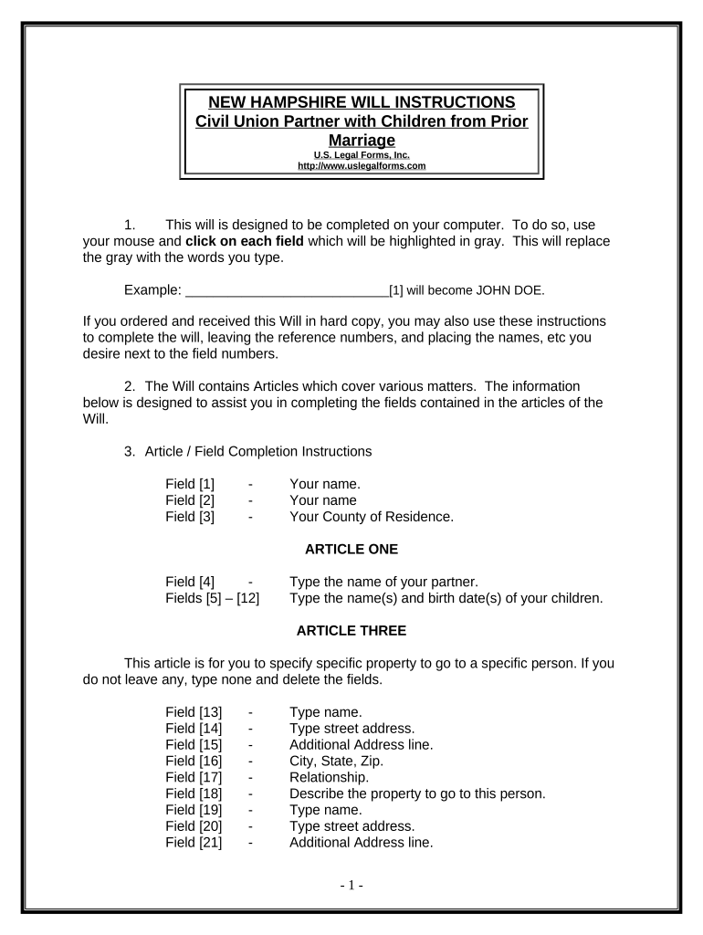 Legal Last Will and Testament Form for Civil Union Partner with Adult and Minor Children from Prior Marriage - New Hampshire Preview on Page 1