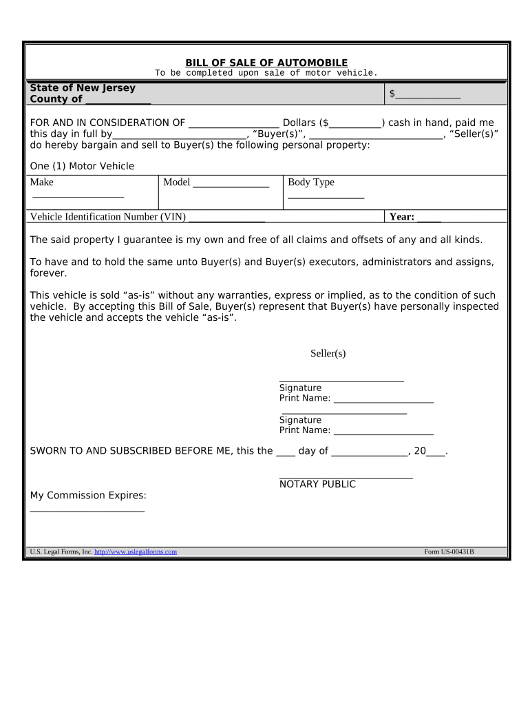 Bill of Sale of Automobile and Odometer Statement for As-Is Sale - New Jersey Preview on Page 1