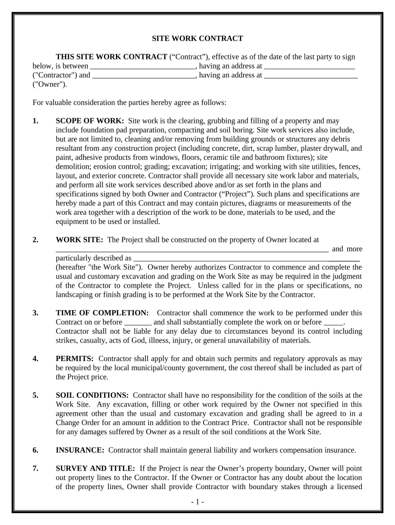 Site Work Contract for Contractor - New Jersey Preview on Page 1