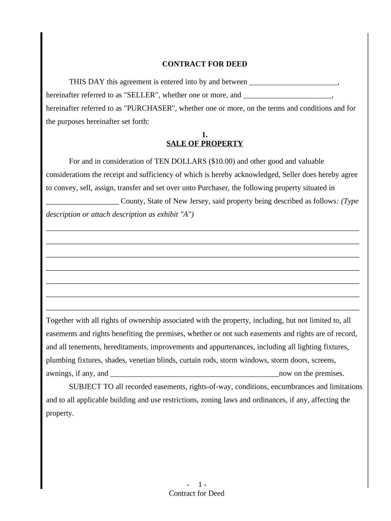 Agreement or Contract for Deed for Sale and Purchase of Real Estate a/k/a Land or Executory Contract - New Jersey Preview on Page 1.